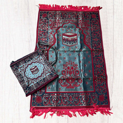 Islamic/Muslim Prayer Rug | Janamaz | Namaz Sajadah - Kaaba Design with Pouch