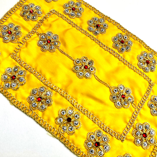 Small Yellow Satin Pooja Aasan | Devi Aasan Mat with Red & Silver Embellishments | Rectangle