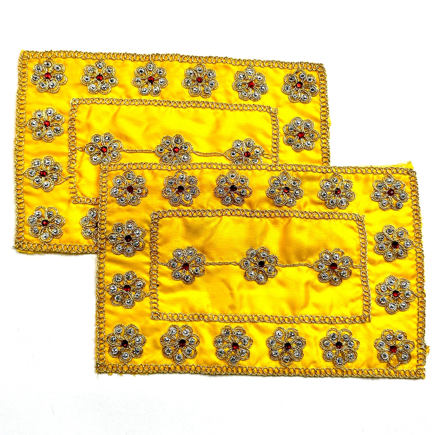 Small Yellow Satin Pooja Aasan | Devi Aasan Mat with Red & Silver Embellishments | Rectangle