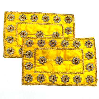 Small Yellow Satin Pooja Aasan | Devi Aasan Mat with Red & Silver Embellishments | Rectangle