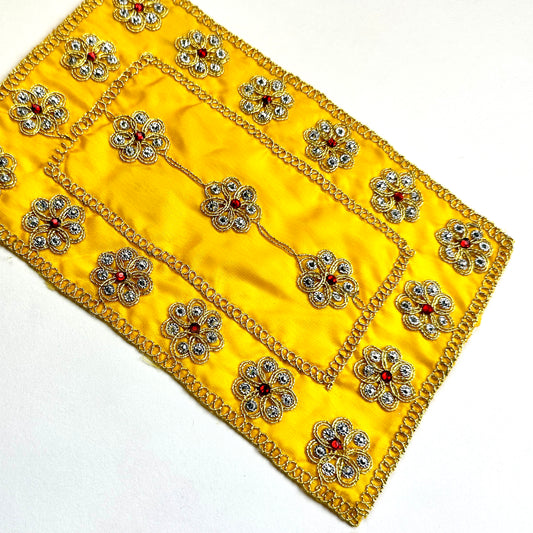 Small Yellow Satin Pooja Aasan | Devi Aasan Mat with Red & Silver Embellishments | Rectangle