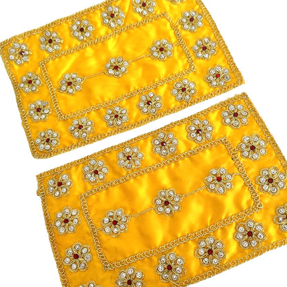Small Yellow Satin Pooja Aasan | Devi Aasan Mat with Red & Silver Embellishments | Rectangle